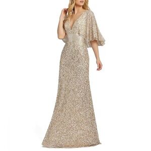 Mac Duggal Sequined V Neck Cape Sleeves Beaded Gown